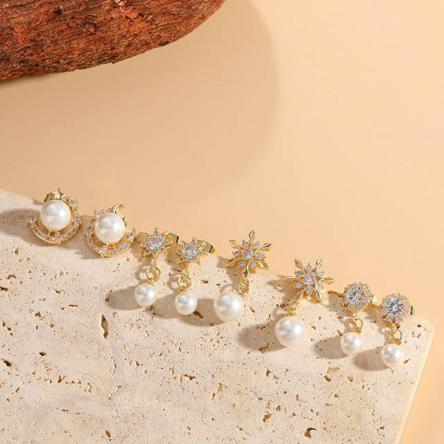 14KG cubic zircon setting pearl drop copper earrings