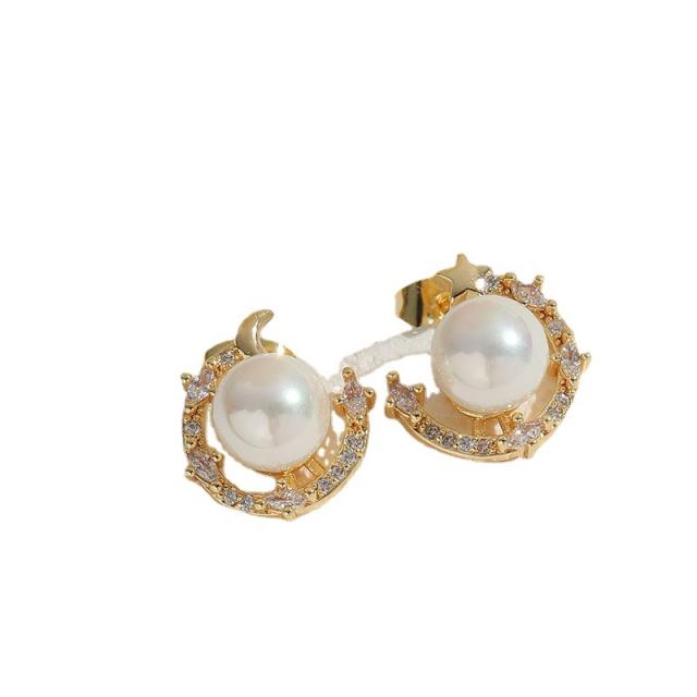 14KG cubic zircon setting pearl drop copper earrings