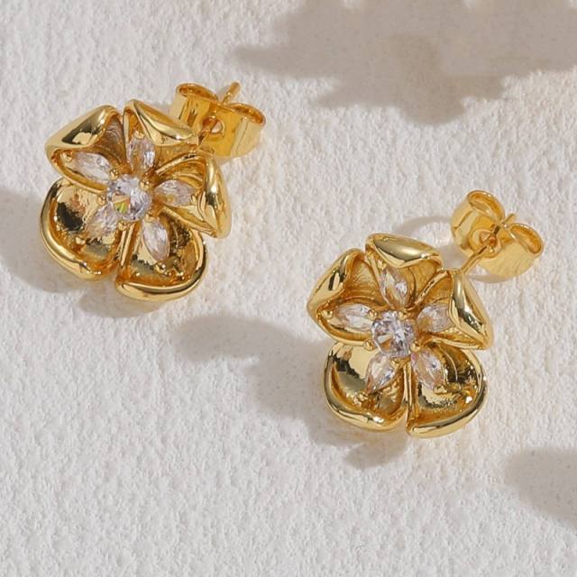 14KG chunky heart flower copper studs earrings