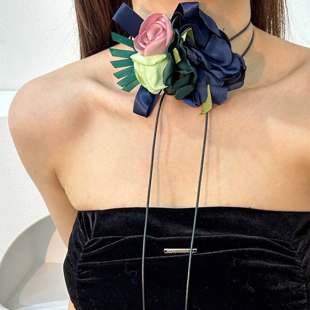 Handmade rose flower fabric wax string choker necklace