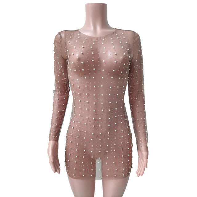 Sexy rhinestone pearl bead see through mini short dress cover up