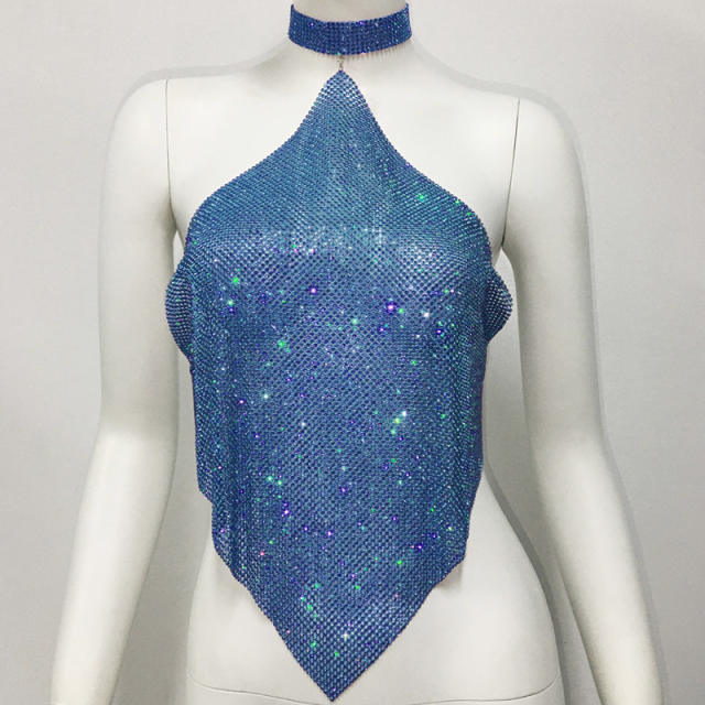 Sexy pub style colorful rhinestone diamond halter neck tops