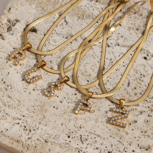 Diamond initial letter herringbone chain stainless steel necklace