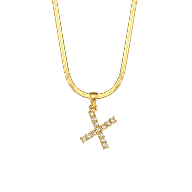 Diamond initial letter herringbone chain stainless steel necklace
