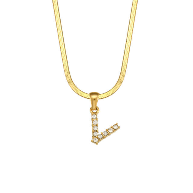 Diamond initial letter herringbone chain stainless steel necklace