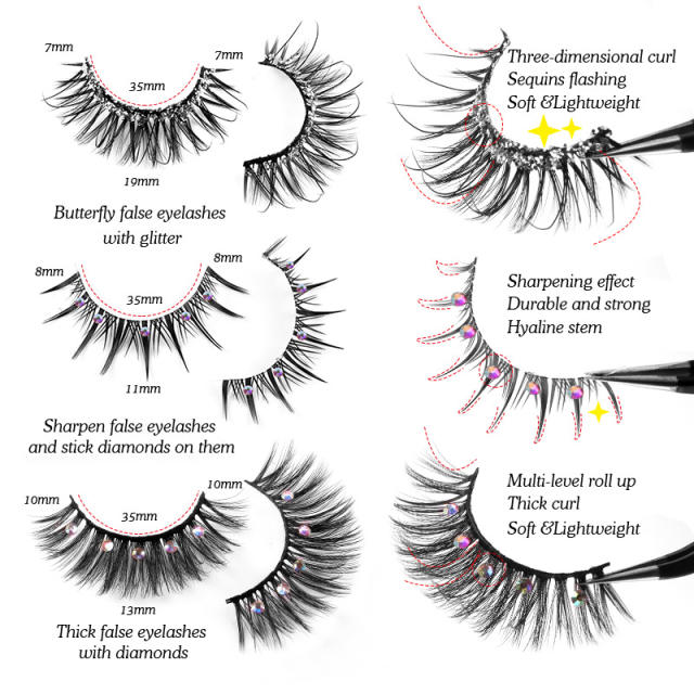 10pair rhinestone Artificial fiber stage performance eyelashes