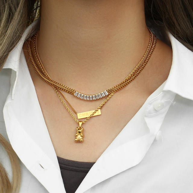 18KG diamond bear pendant rope chain stainless steel necklace+