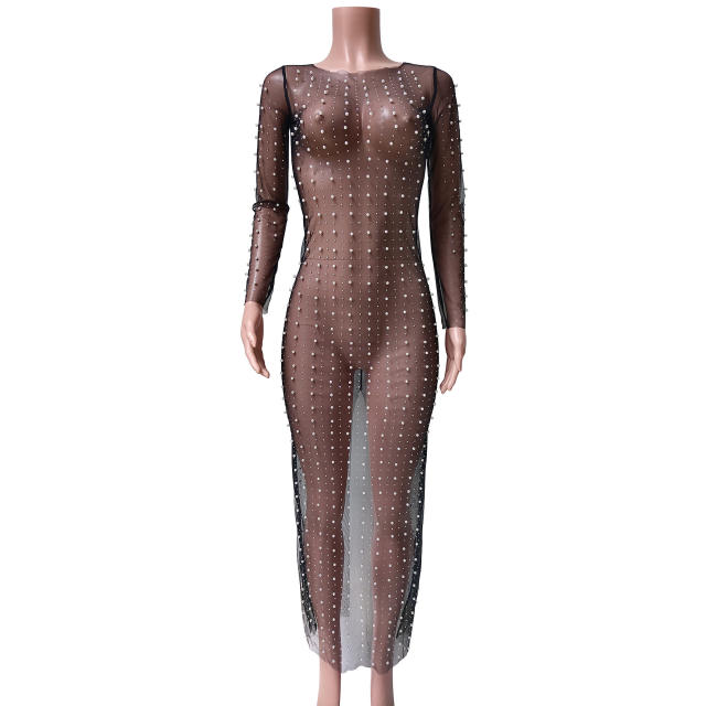 Sexy rhinestone pearl bead see throught cover up