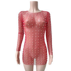 Sexy rhinestone pearl bead see through mini short dress cover up