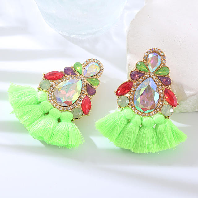 Boho colorful rope tassel fan color glass crystal statement earrings