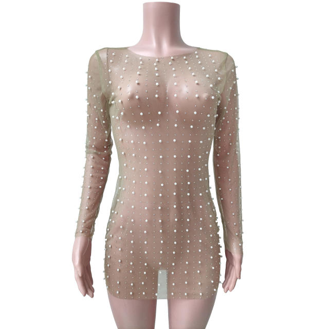 Sexy rhinestone pearl bead see through mini short dress cover up
