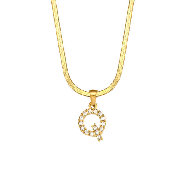 Diamond initial letter herringbone chain stainless steel necklace