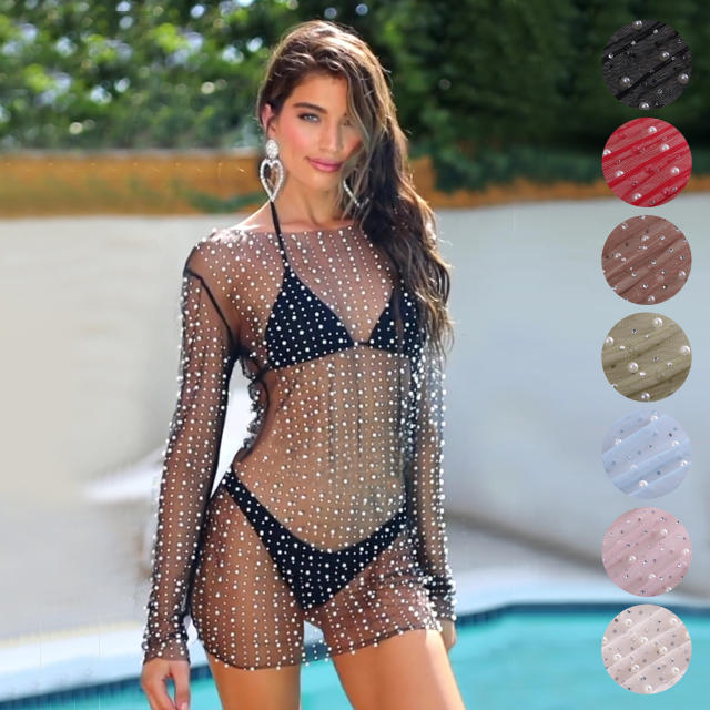 Sexy rhinestone pearl bead see through mini short dress cover up