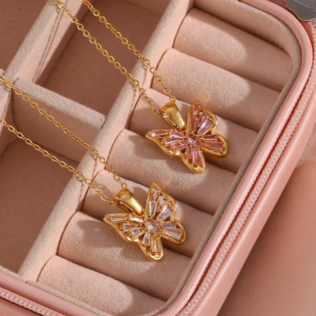 Dainty hot sale cubic zircon butterfly pendant stainless steel necklace
