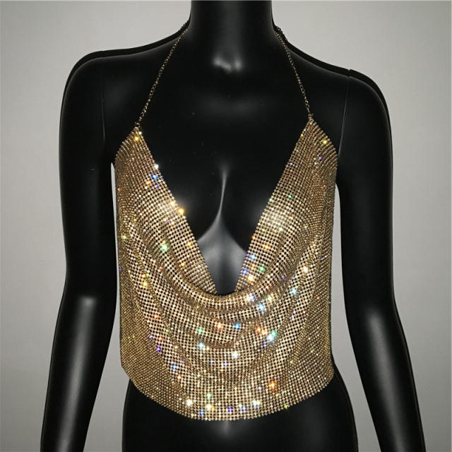 Sexy Y2K colorful rhinestone diamodn halter neck backless cropped tops