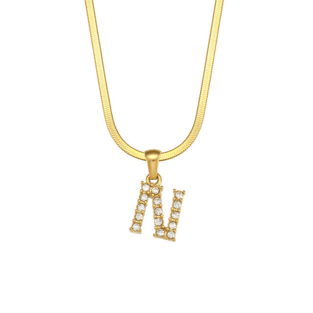 Diamond initial letter herringbone chain stainless steel necklace