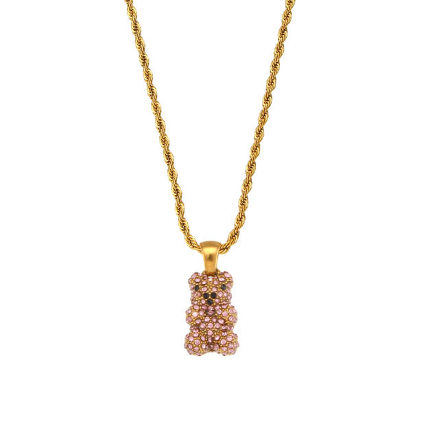 18KG diamond bear pendant rope chain stainless steel necklace+