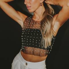Hot sale sexy rhinestone pearl bead see through crop tops
