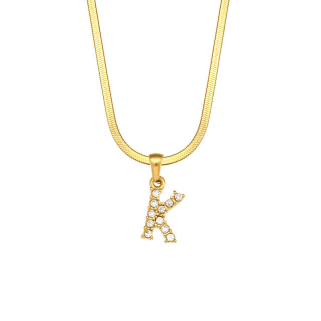 Diamond initial letter herringbone chain stainless steel necklace