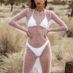 Sexy rhinestone pearl bead see throught cover up