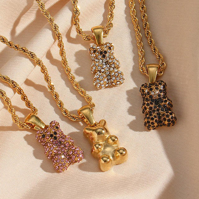 18KG diamond bear pendant rope chain stainless steel necklace+