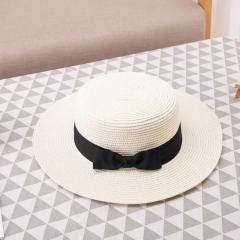 Elegant black bow ribbon straw hat beach hat