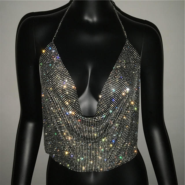 Sexy Y2K colorful rhinestone diamodn halter neck backless cropped tops