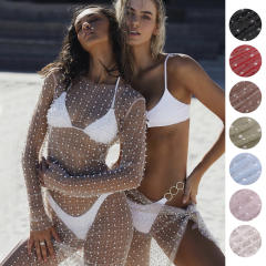 Sexy rhinestone pearl bead see throught cover up