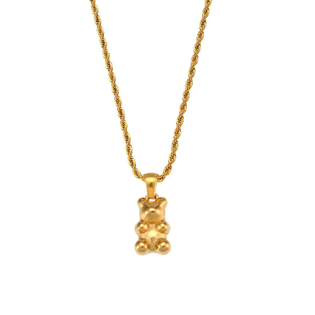 18KG diamond bear pendant rope chain stainless steel necklace+