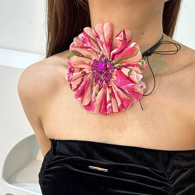 Vintage fabric flower wax string choker necklace