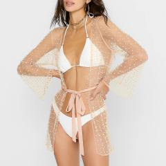 Hot sale rhinestone pearl diamond see throught bikini cover up