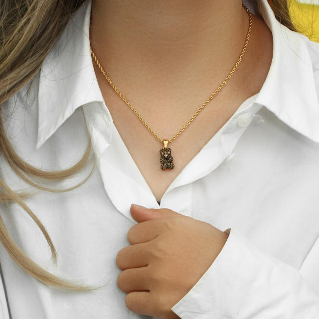 18KG diamond bear pendant rope chain stainless steel necklace+