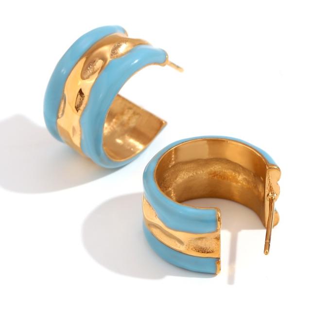 Hot sale color enamel water wave pattern open hoop stainless steel earrings