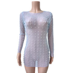 Sexy rhinestone pearl bead see through mini short dress cover up