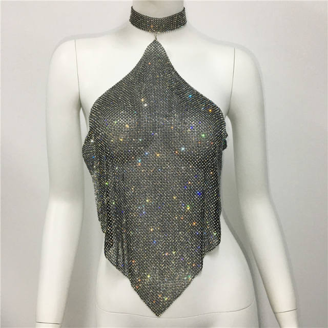 Sexy pub style colorful rhinestone diamond halter neck tops