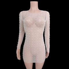 Sexy rhinestone pearl bead see through mini short dress cover up