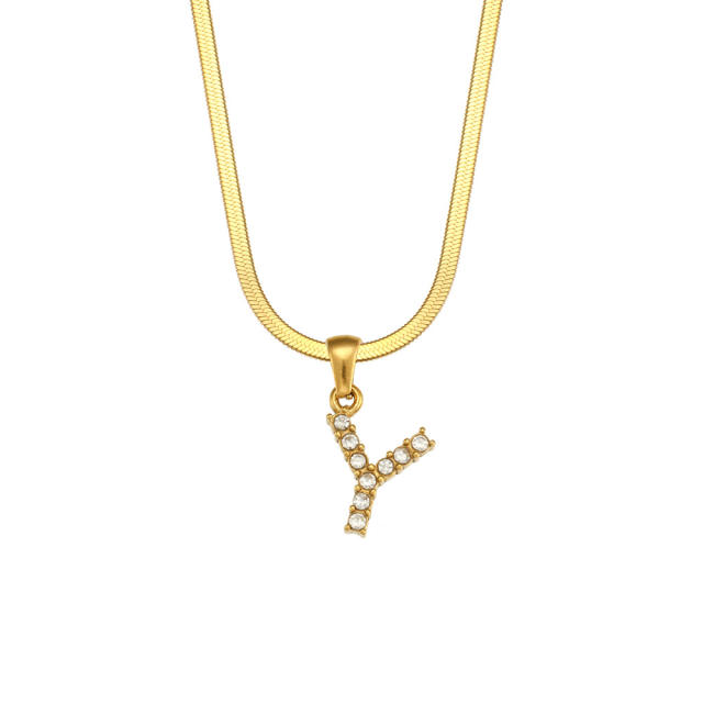 Diamond initial letter herringbone chain stainless steel necklace