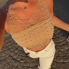 Hot sale sexy rhinestone pearl bead see through crop tops