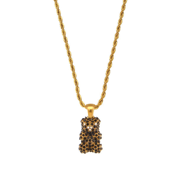 18KG diamond bear pendant rope chain stainless steel necklace+
