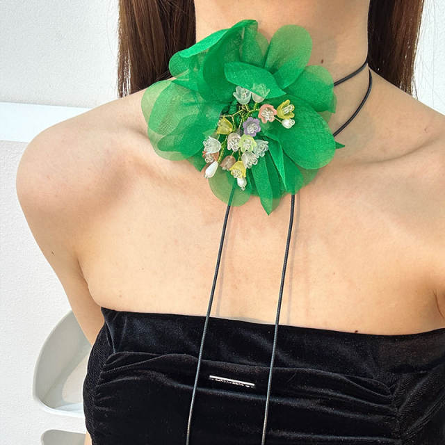 Summer large size fabric flower strappy choker necklace