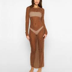 Sexy rhinestone pearl bead see throught cover up