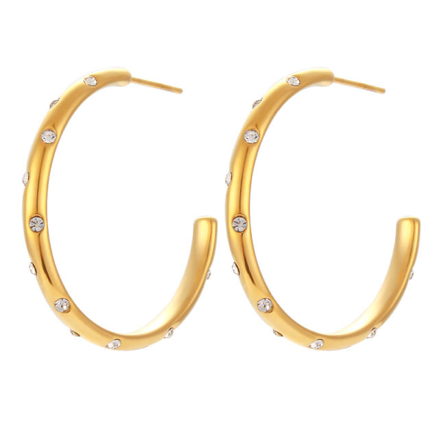18KG elegant cubic zircon diamond big hoop stainless steel earrings
