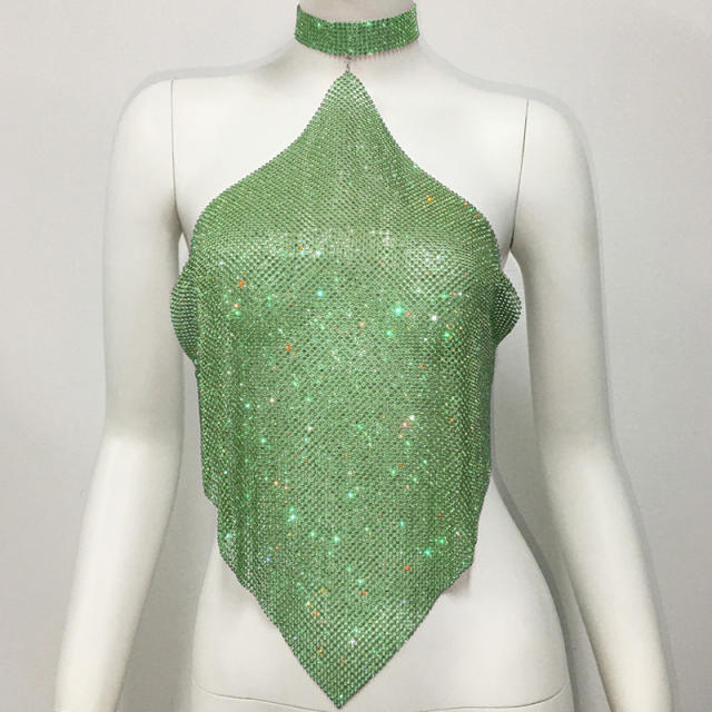 Sexy pub style colorful rhinestone diamond halter neck tops