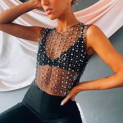 Hot sale sexy rhinestone pearl bead see through crop tops
