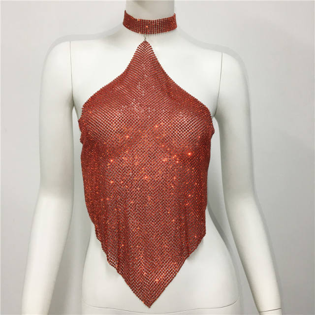Sexy pub style colorful rhinestone diamond halter neck tops