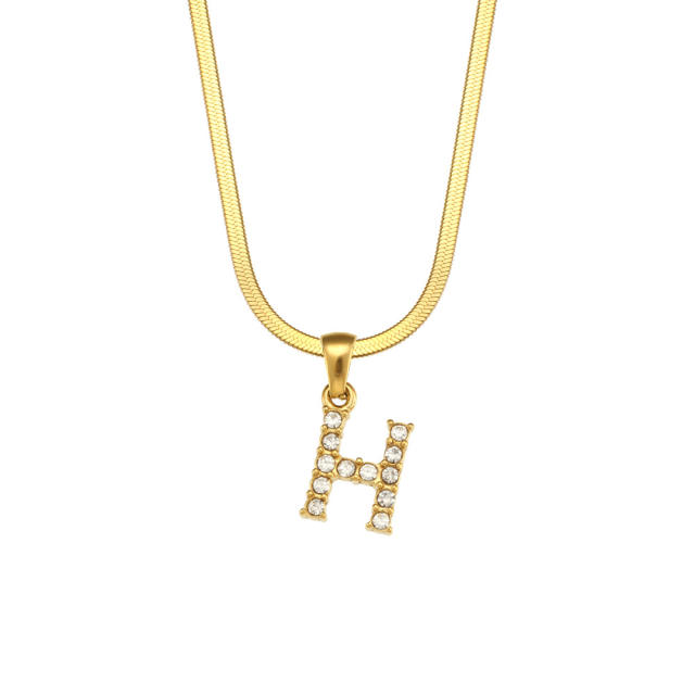 Diamond initial letter herringbone chain stainless steel necklace