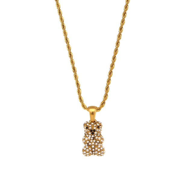 18KG diamond bear pendant rope chain stainless steel necklace+