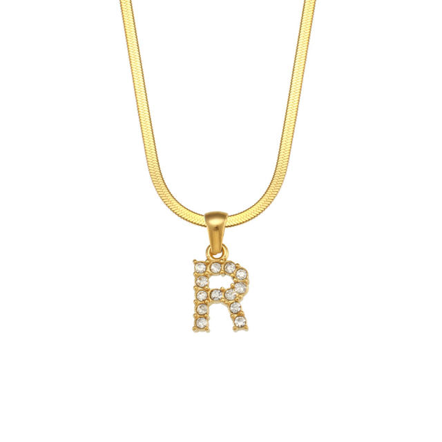 Diamond initial letter herringbone chain stainless steel necklace