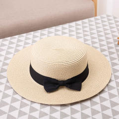 Elegant black bow ribbon straw hat beach hat