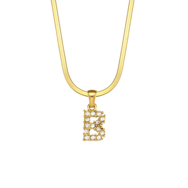Diamond initial letter herringbone chain stainless steel necklace